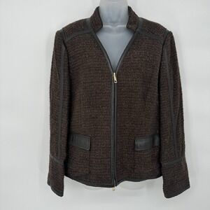 Lafayette 148 Sz‎ 14 Jacket Brown Wool Blend Metallic Tweed Blazer Leather Trim